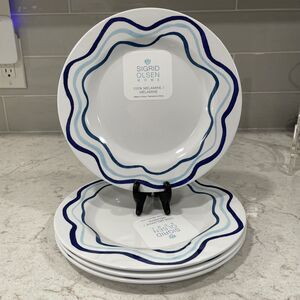 Set 4 BLUE WAVE Melamine 9” SALAD Plates Sigrid Olsen Coastal Ocean Sea Life